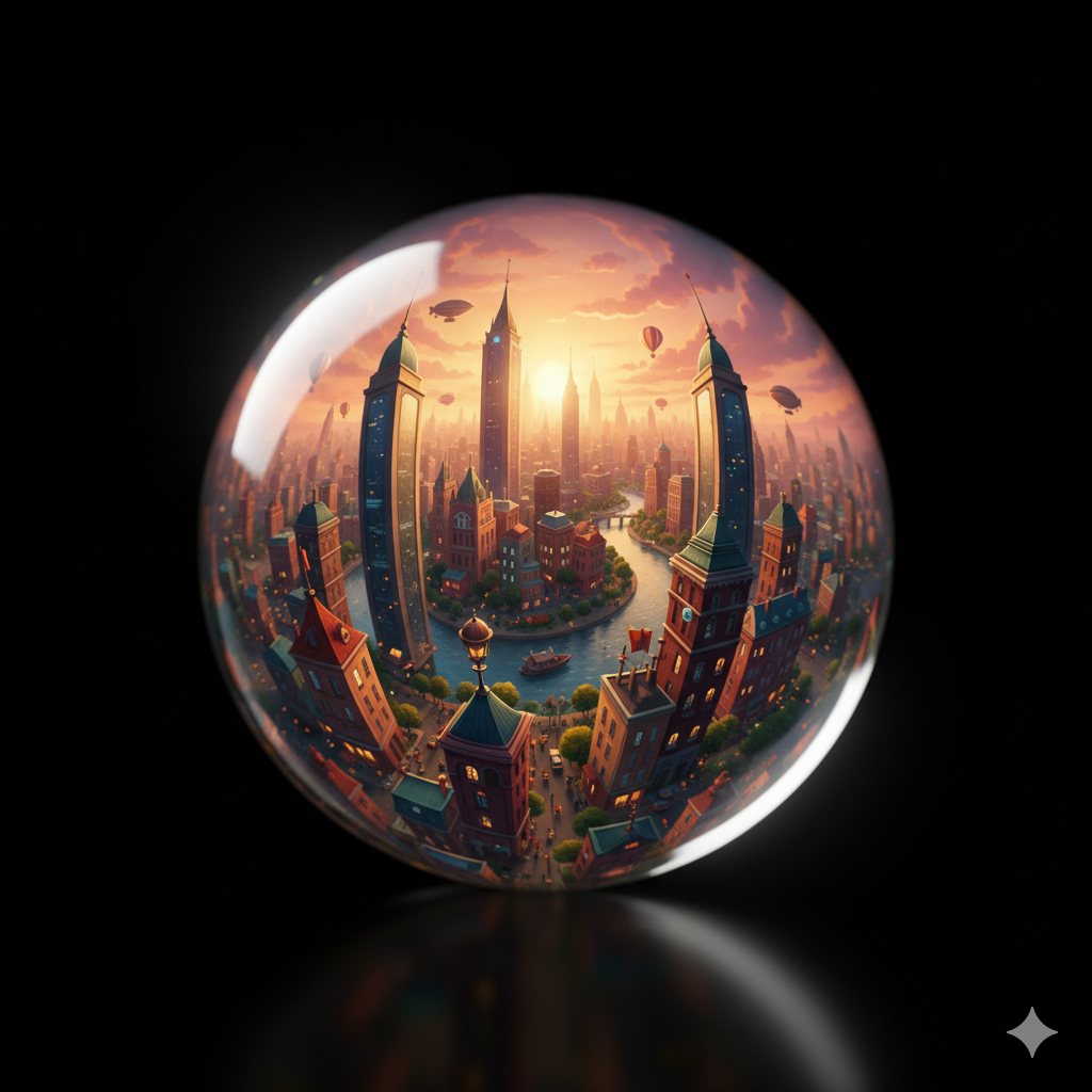 A close-up of a clear glass marble reflecting an entire bustling city, symbolizing the concept of 'everything' contained within one object.