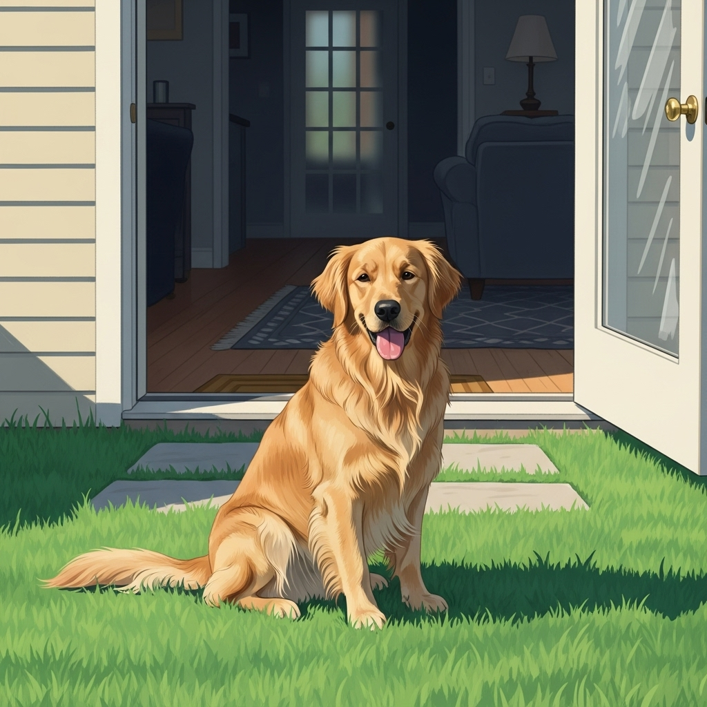 A happy dog sitting on the grass just outside an open door, looking out from the house. This illustrates the meaning 'outside'.