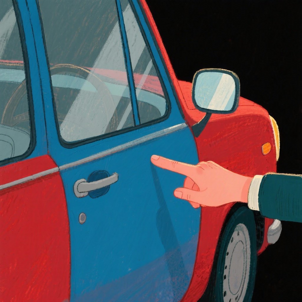 A visual representation of 'of the', showing a part belonging to a whole, like the door of a car.