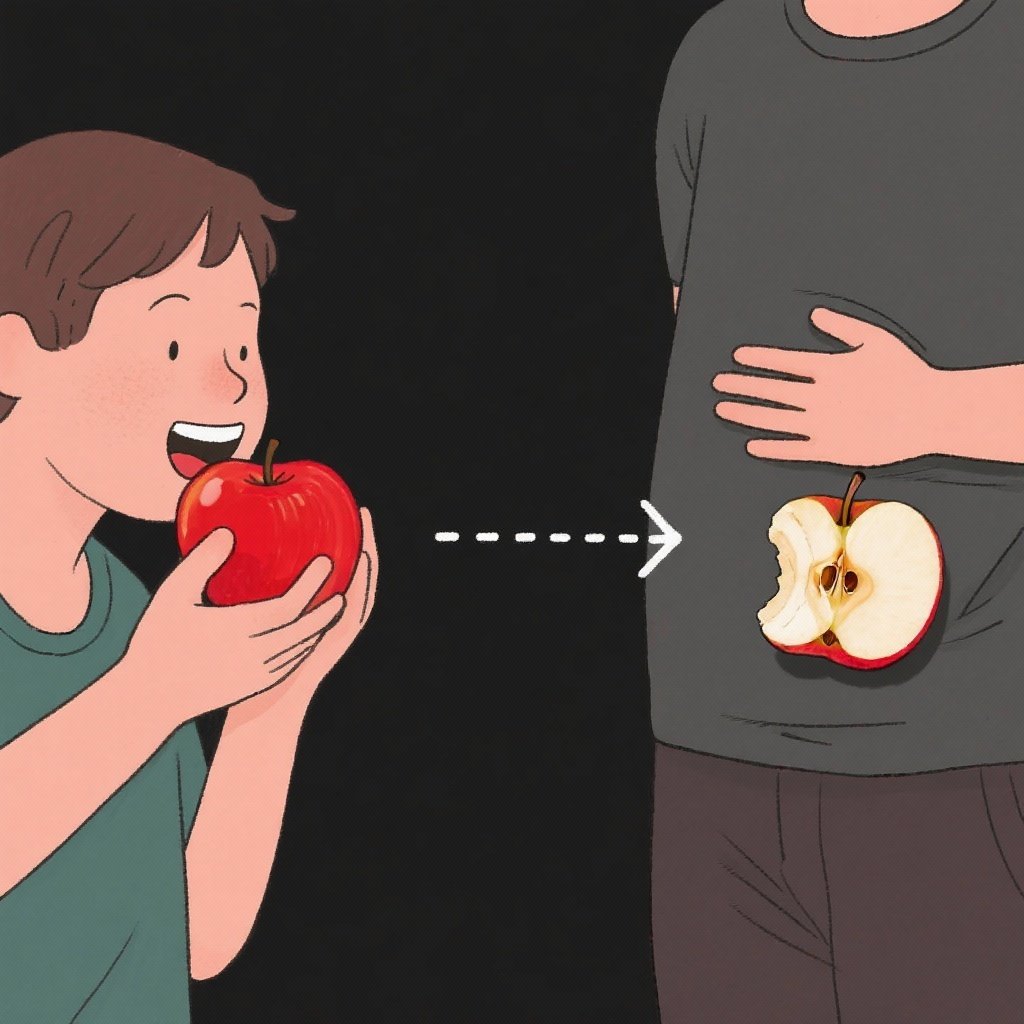 A simple timeline showing a past action, a person eating an apple, connected by an arrow to the present result, an apple core and a happy person.