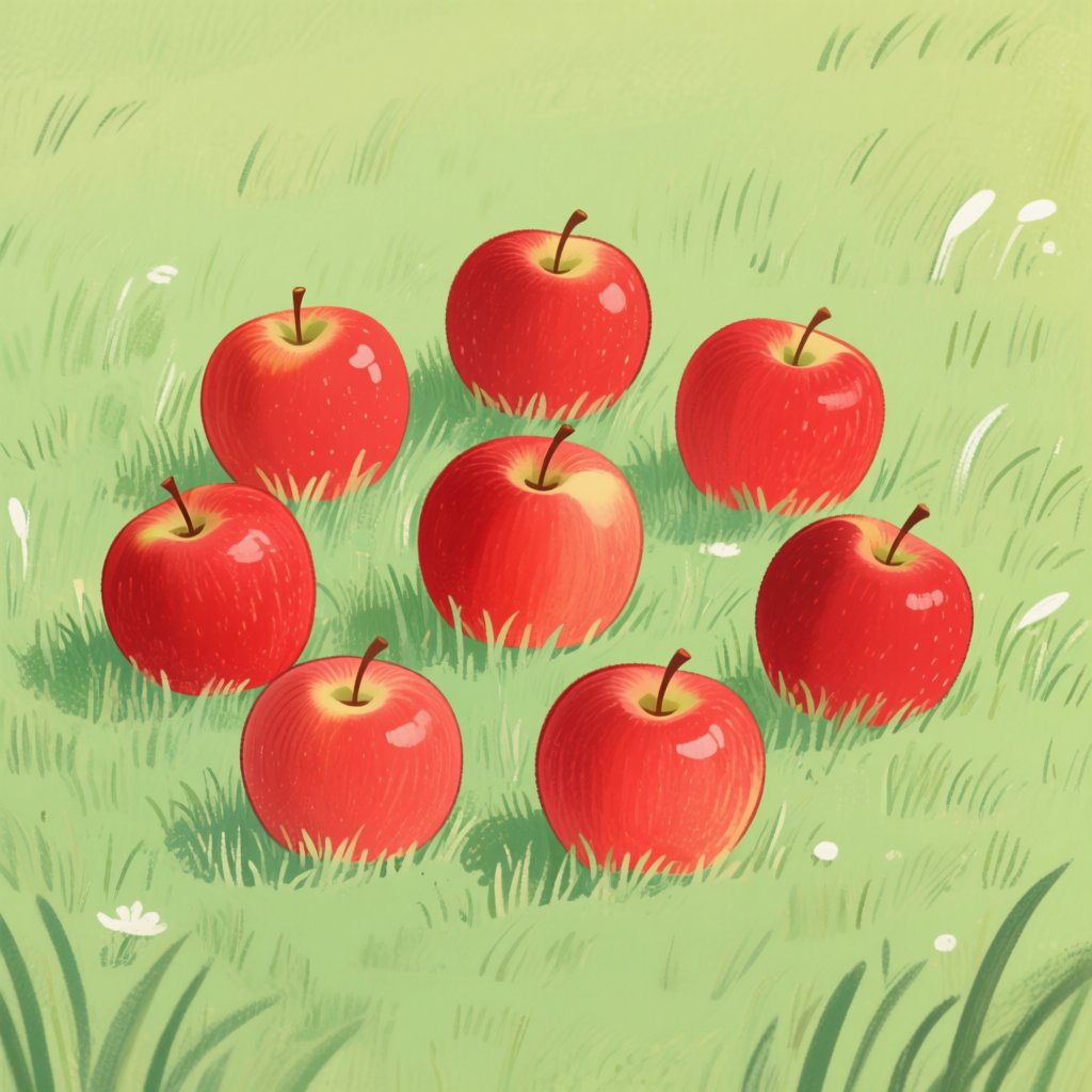 An illustration showing exactly eight perfectly round red apples sitting on a grassy surface, representing the quantity 'eight'.