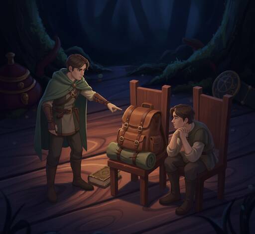 A person pointing to a backpack on a chair next to another person, illustrating 'ahí' as 'there, near you'.